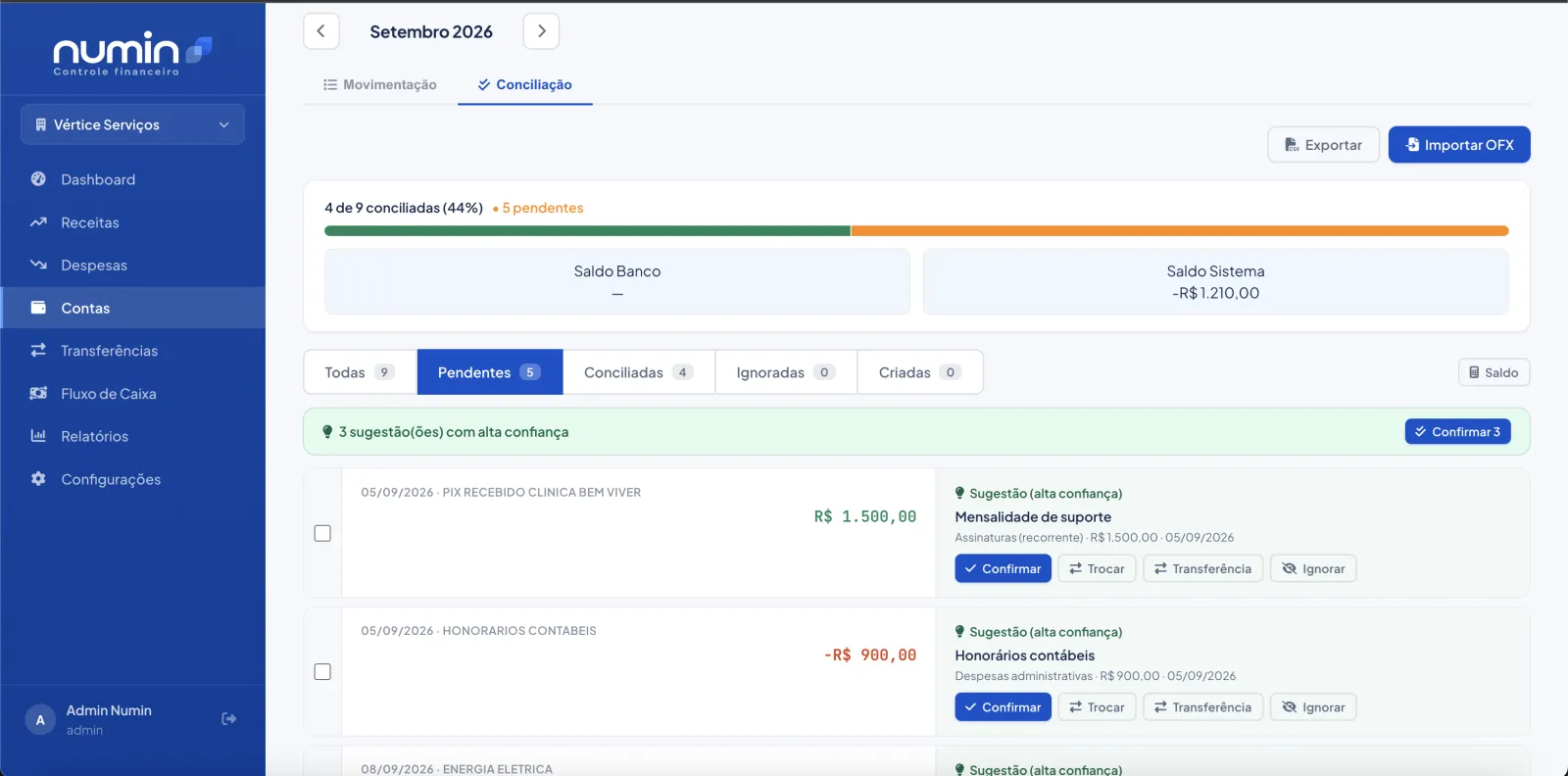 Tela de conciliação bancária do Numin com sugestões de correspondência para confirmar